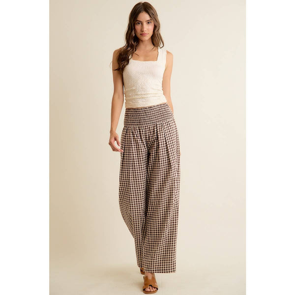 GINGHAM SMOCKED WAIST WIDE LEG PANTS