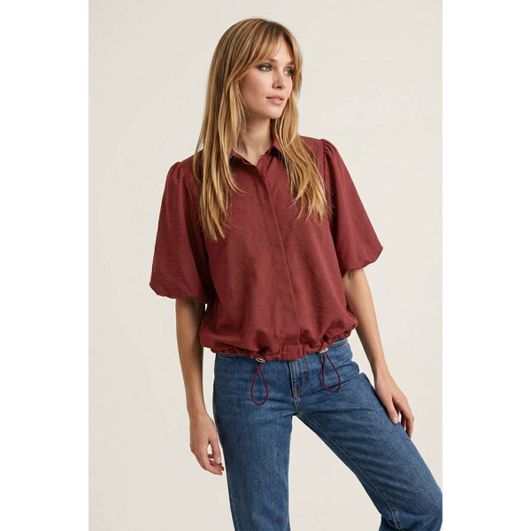 Drawstring Hem Bubble Sleeve Blouse