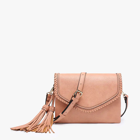 Jen & Co. Sloane Flapover Crossbody w/ Whipstitch and Tassel- Apricot