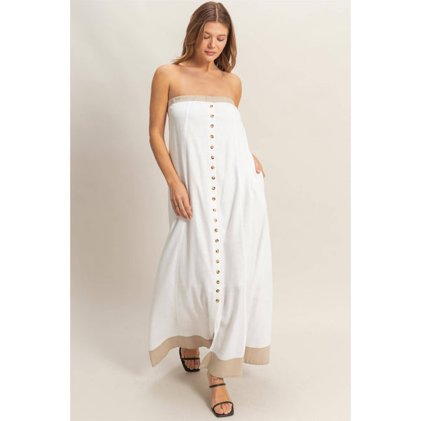 Strapless Button-Front Maxi Dress