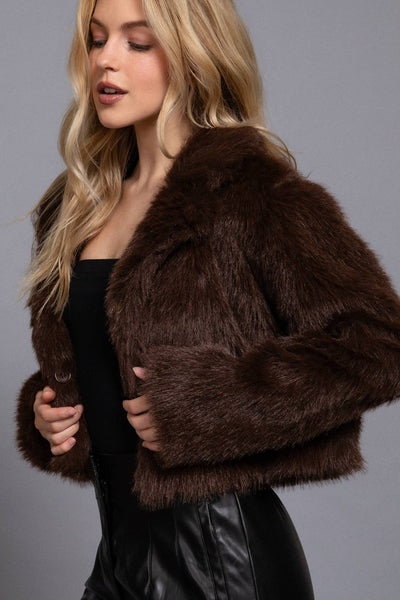 Long Sleeve Notched Collar Faux Fur Cropped Jacket