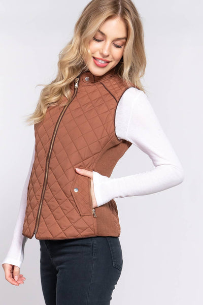 Suede Piping Detail Rib Quilted Padding Vest