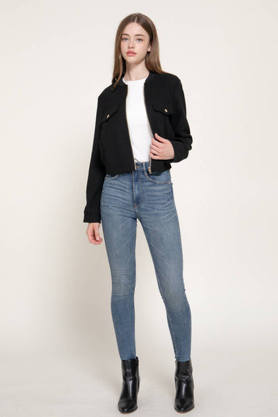 Long Sleeve Crew Neck Felt Jacket with Pocket Flap Detail
