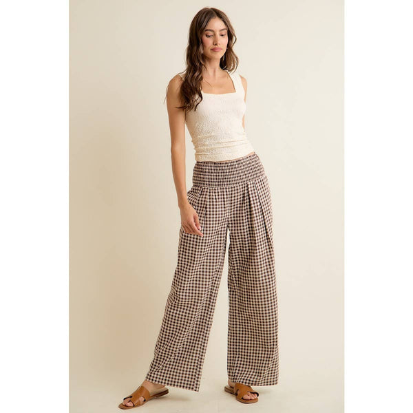 GINGHAM SMOCKED WAIST WIDE LEG PANTS