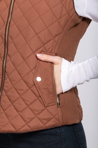 Suede Piping Detail Rib Quilted Padding Vest