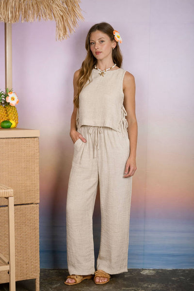 TEXTURED DRAWSTRING DETAIL WIDE LEG LOUNGE PANTS