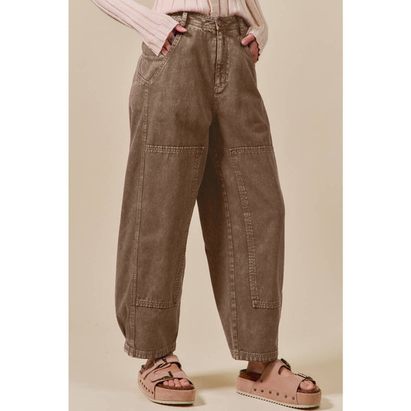 MINERAL WASHED MID RISE BARREL SHAPE PANTS