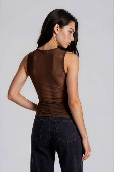 MESH BOAT NECK RUCHED FRONT SLEEVELESS KNIT TOP