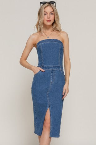 Active Basic Stretch Denim Slit Tube Dress
