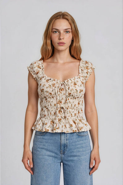 FLORAL FRONT TIE SHIRRED WAIST RUFFLED TOP