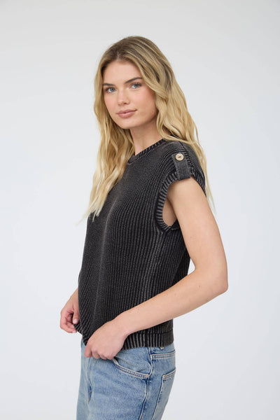 ACID WASHED TAB SLEEVE BACK BUTTON KNIT TOP