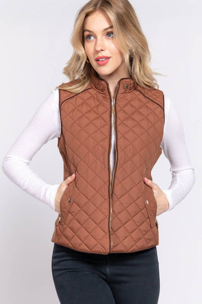 Suede Piping Detail Rib Quilted Padding Vest