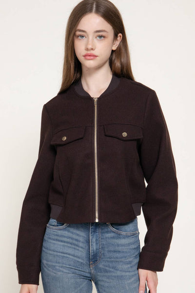 Long Sleeve Crew Neck Felt Jacket with Pocket Flap Detail