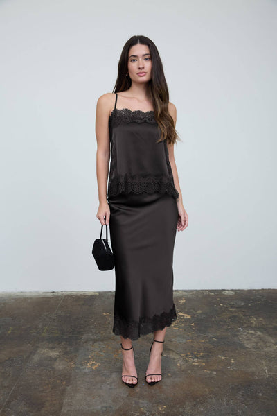 SATIN LACE HEM BACK SLIT PENCIL MIDI SKIRT (PRE-ORDER)
