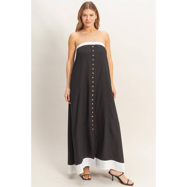 Strapless Button-Front Maxi Dress
