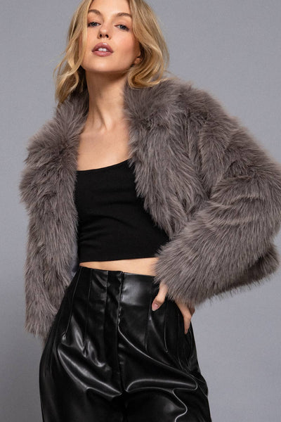 Long Sleeve Notched Collar Faux Fur Cropped Jacket