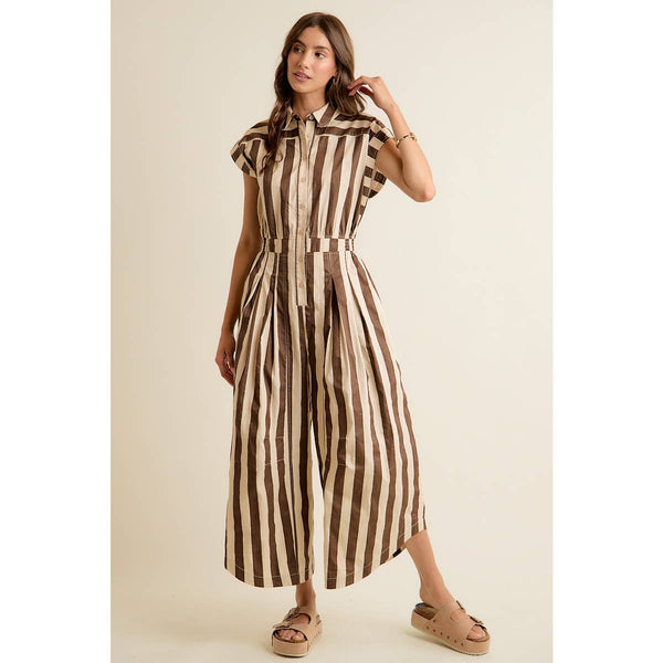 SLEEVELESS WIDRE LEG WIDE STRIPE JUMPSUIT