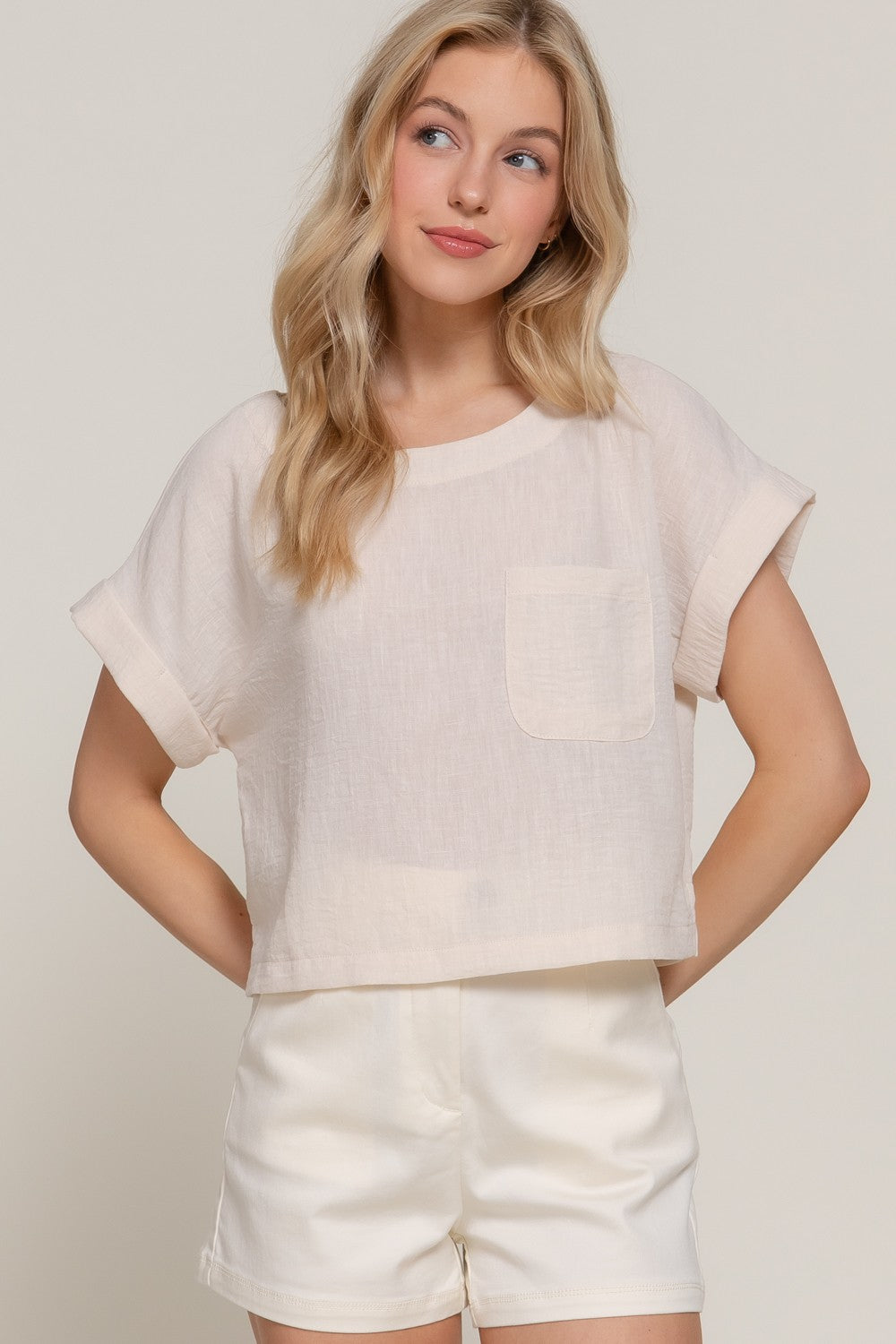 Active Basic Short Dolman Sleeve Linen Crop Top