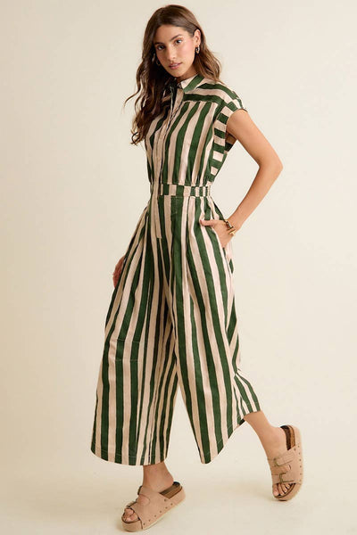 SLEEVELESS WIDRE LEG WIDE STRIPE JUMPSUIT