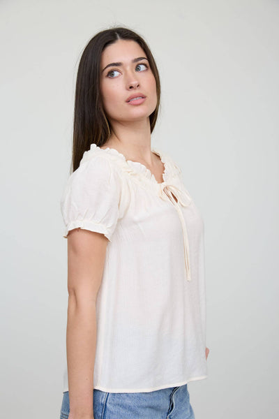 RUFFLED BOAT NECK FRONT TIE PUFF SLEEVE TOP