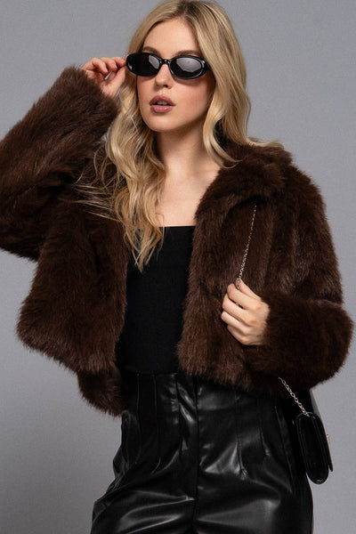 Long Sleeve Notched Collar Faux Fur Cropped Jacket