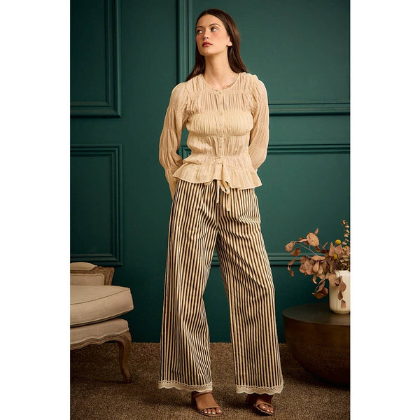 TWIILL STRIPE BANDING WAIST LACE TRIM HEM PANTS