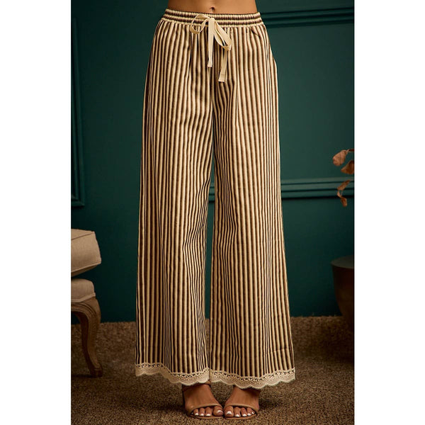 TWIILL STRIPE BANDING WAIST LACE TRIM HEM PANTS